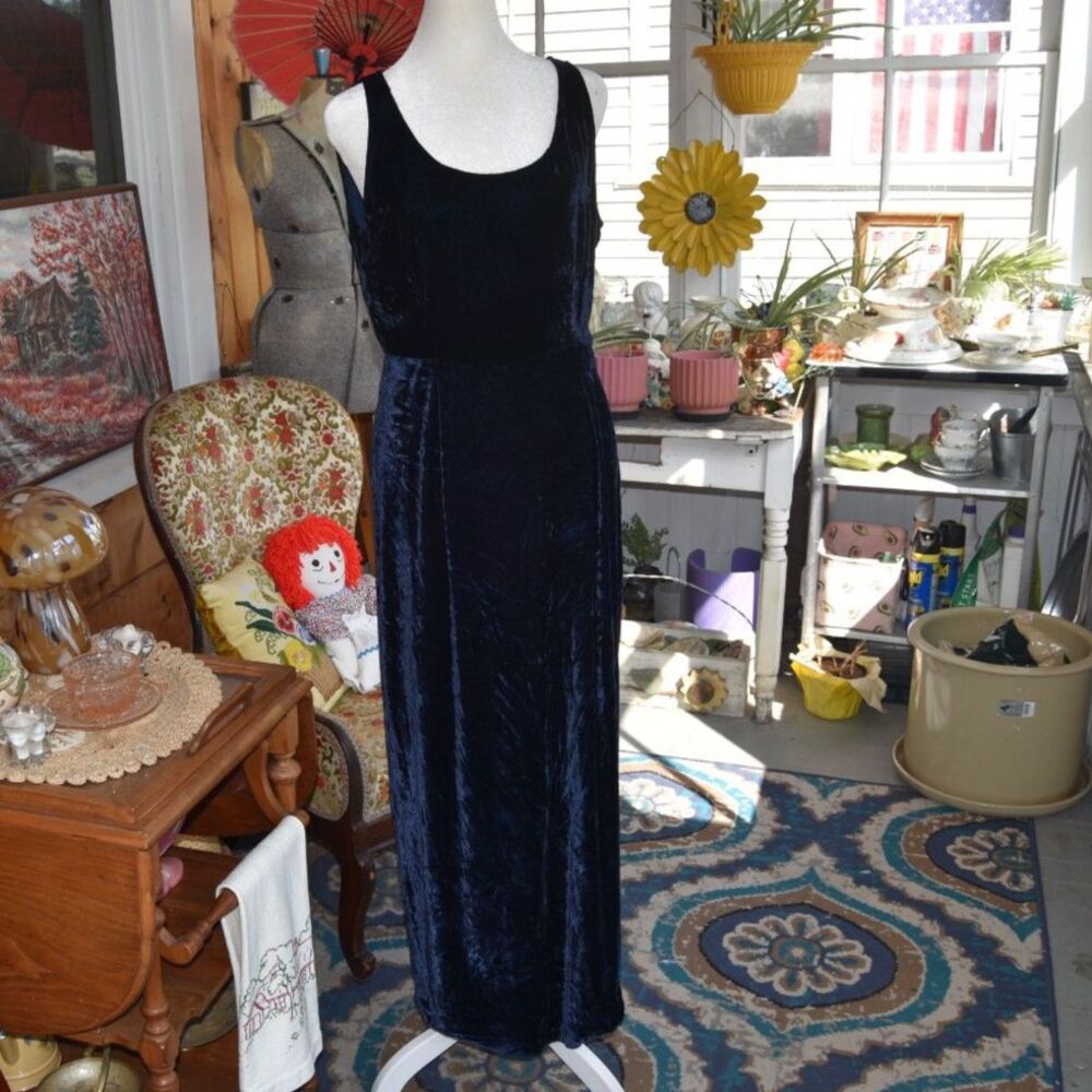 Vintage 90s Trend Les Copains Navy Crushed Velvet Maxi Dress Italy M